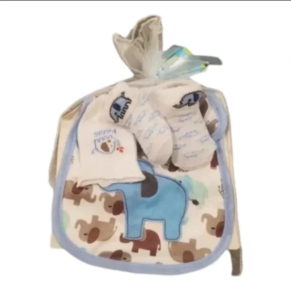Baby Boy Gift Set Elephant Bib, Mittens, Socks Gift Set